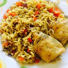 A picture of Fried Noodles with Oven baked chicken.