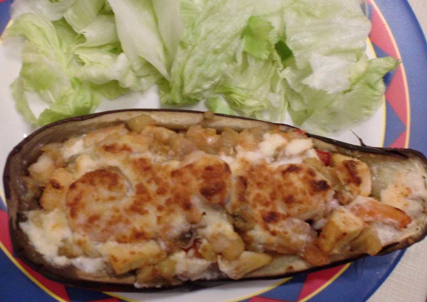 Berenjenas rellenas de pollo y gambas