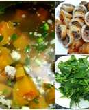 Canh bí đỏ - mực nhồi thịt chiên - rau thài lài trắng