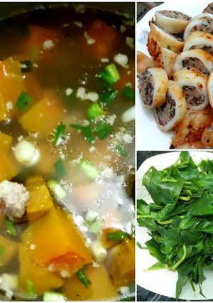 Hình của món Canh bí đỏ - mực nhồi thịt chiên - rau thài lài trắng.