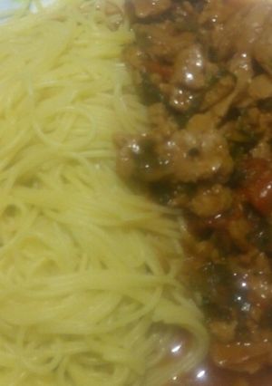 A picture of Spaghetti with beef stew.