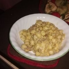 A picture of Shells and cheese with meat.
