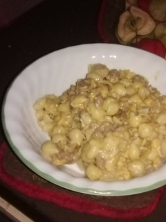 A picture of Shells and cheese with meat.