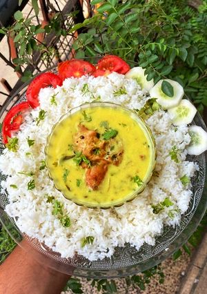 A picture of Kadhi pakora chawal.