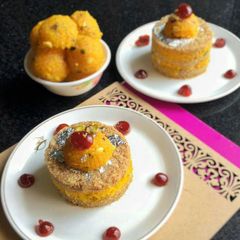 A picture of Kharek, Khuskhus and Boondi cake.