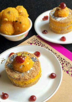 A picture of Kharek, Khuskhus and Boondi cake.