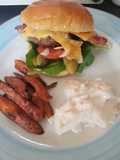 Homemade cheese burger with sweet potato chips