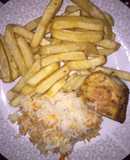 Pollo a la mostaza con Arroz y Papas Fritas