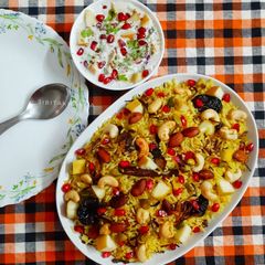Kashmiri Pulao with Pomegranate and Apple Raita A picture of Kashmiri Pulao with Pomegranate and Apple Raita.