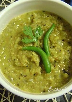 A picture of Thor diye Muger Dal (Banana Stem & Green Gram Curry - Bengali Style).