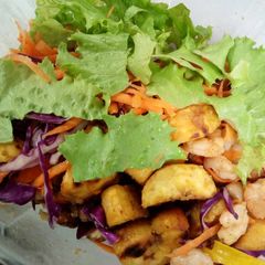 A picture of Beans, Fried Plantain with Spiced Shrimps.