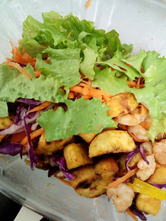 A picture of Beans, Fried Plantain with Spiced Shrimps.