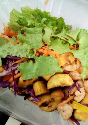 A picture of Beans, Fried Plantain with Spiced Shrimps.