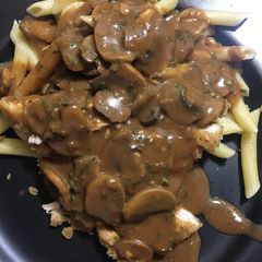 A picture of Chicken fried chicken w/ roasted garlic mushroom gravy.