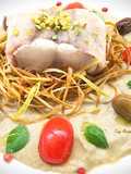 Coda di rospo con crema di melanzane e porro fritto