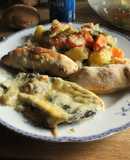 4 en 1. Pan, ensalada, ruleros rellenos y berenjena a la mía