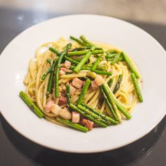 A picture of Pasta with wild asparagus and pancetta.