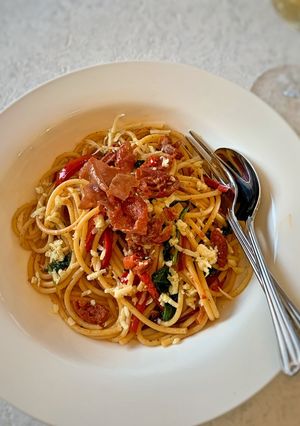 A picture of Chorizo and pancetta pasta.