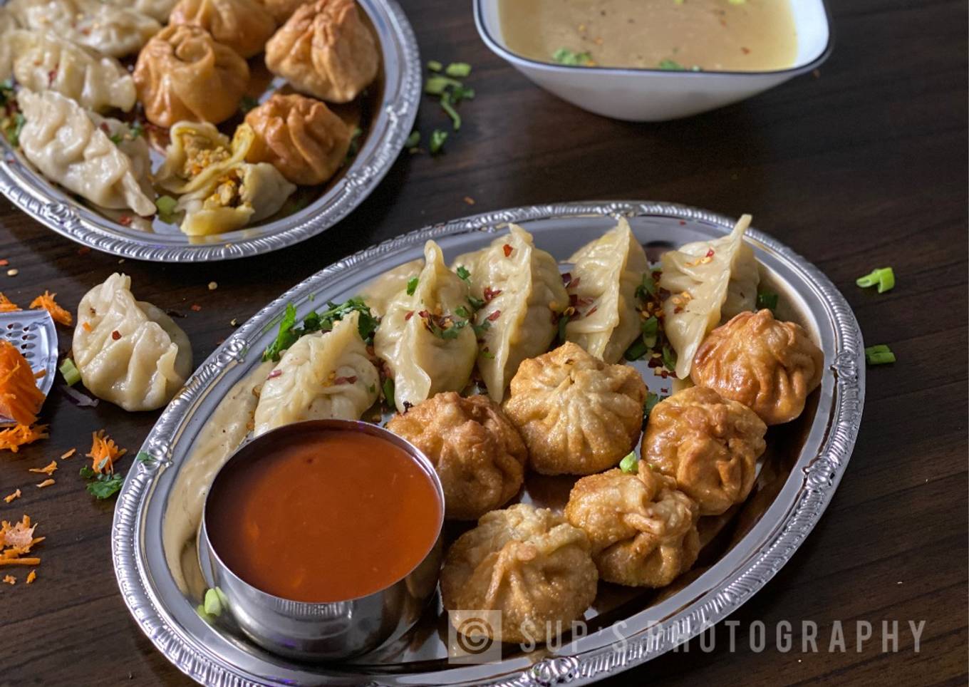 Boiled and baked chicken momo (noodles)
