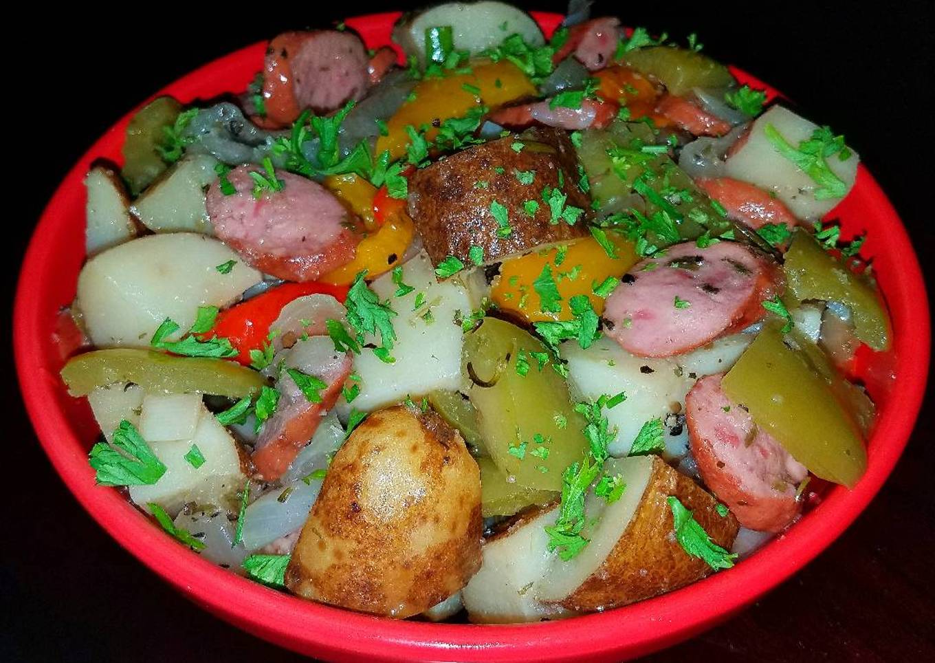 Mike's Peppered Potato Onion Sausage Bake