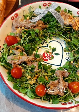 Hình của món Vòng nguyệt quế (salad xà lách xoong trộn bò).