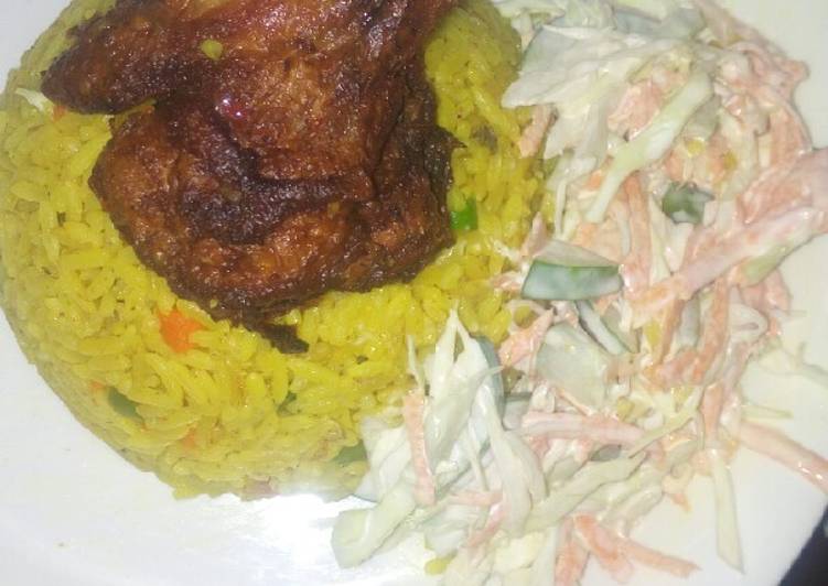 Fried rice, salad and chicken