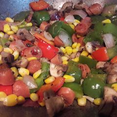 Chicken sausage fry with mushrooms and veggies A picture of Chicken sausage fry with mushrooms and veggies.