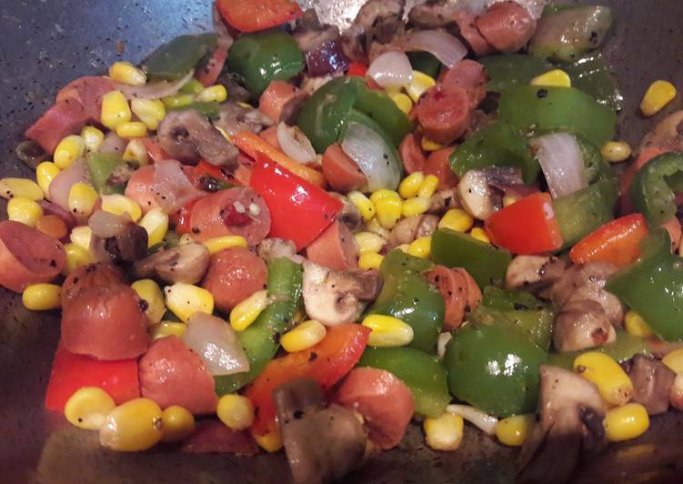 Steps to Prepare Any-night-of-the-week Chicken sausage fry  with mushrooms and veggies