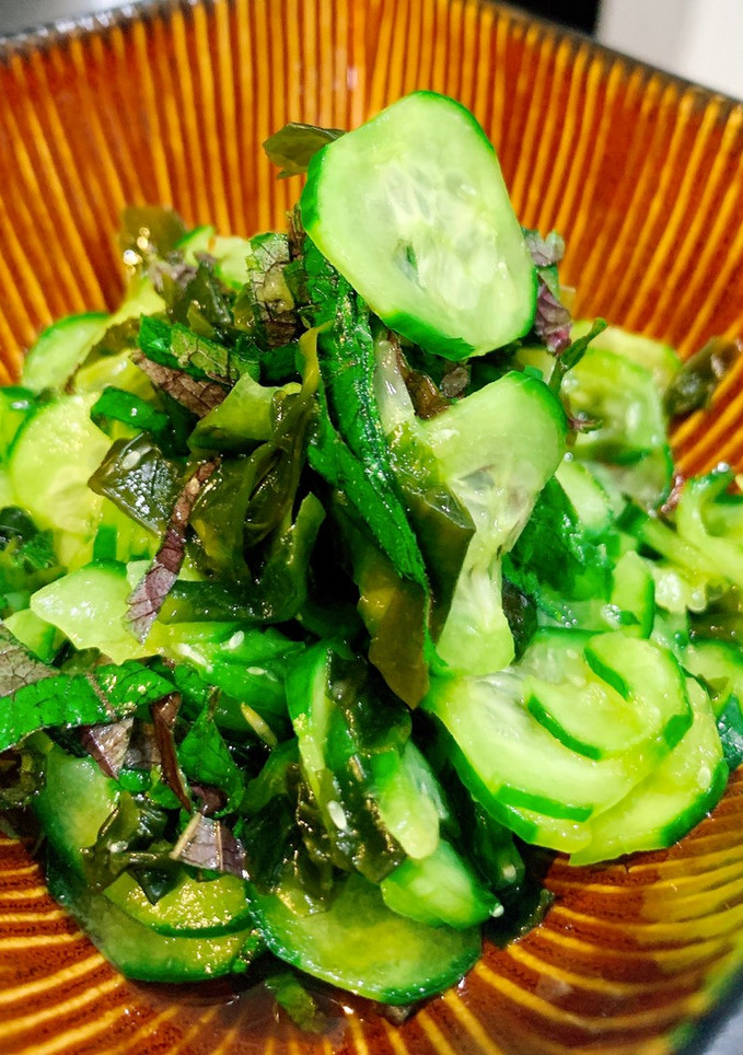 A picture of Cucumber with Shiso sweet vinaigrette salad.