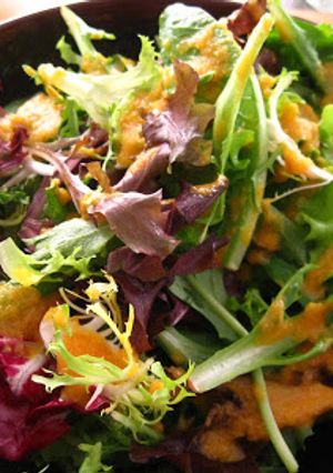 A picture of Garden Salad with Miso Ginger Dressing.