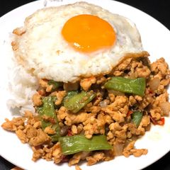 A picture of Pad Gaprao (Pad Kra Pao) ผัดกะเพรา Chicken Stir-Fry with Holy Basil.