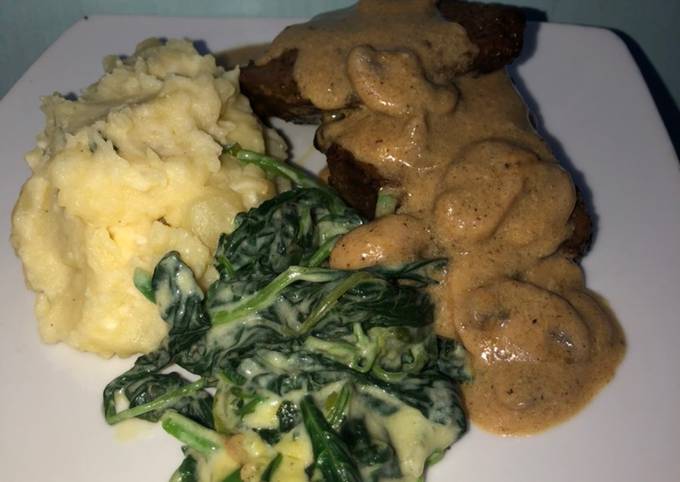 Sirloin steak with mushroom sauce and creamy spinach