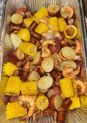 A picture of New Years Eve/Birthday Celebration Shrimp Boil.