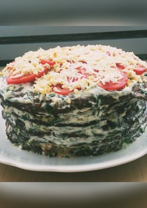 Фото Печеночный торт с грибами и яйцом.