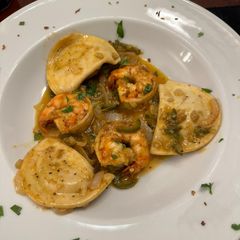 A picture of Mexican Garlic Shrimp with Pierogies.