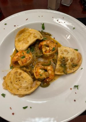 A picture of Mexican Garlic Shrimp with Pierogies.