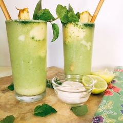 A picture of Pineapple Coconut Virgin Mojito Float #Seasonal Ingredients.