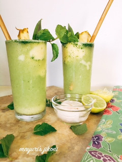 A picture of Pineapple Coconut Virgin Mojito Float #Seasonal Ingredients.