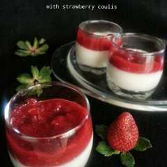 A picture of Pannacotta  vanilla with strawberry coulis (segernyaaaa^^).