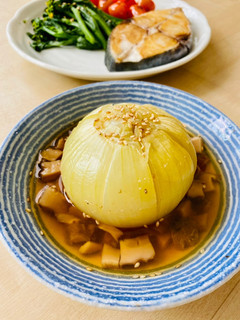 A picture of Microwaved Sweet Onions in mushroom broth.