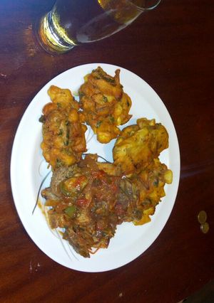 A picture of Bhajia and pork stew.