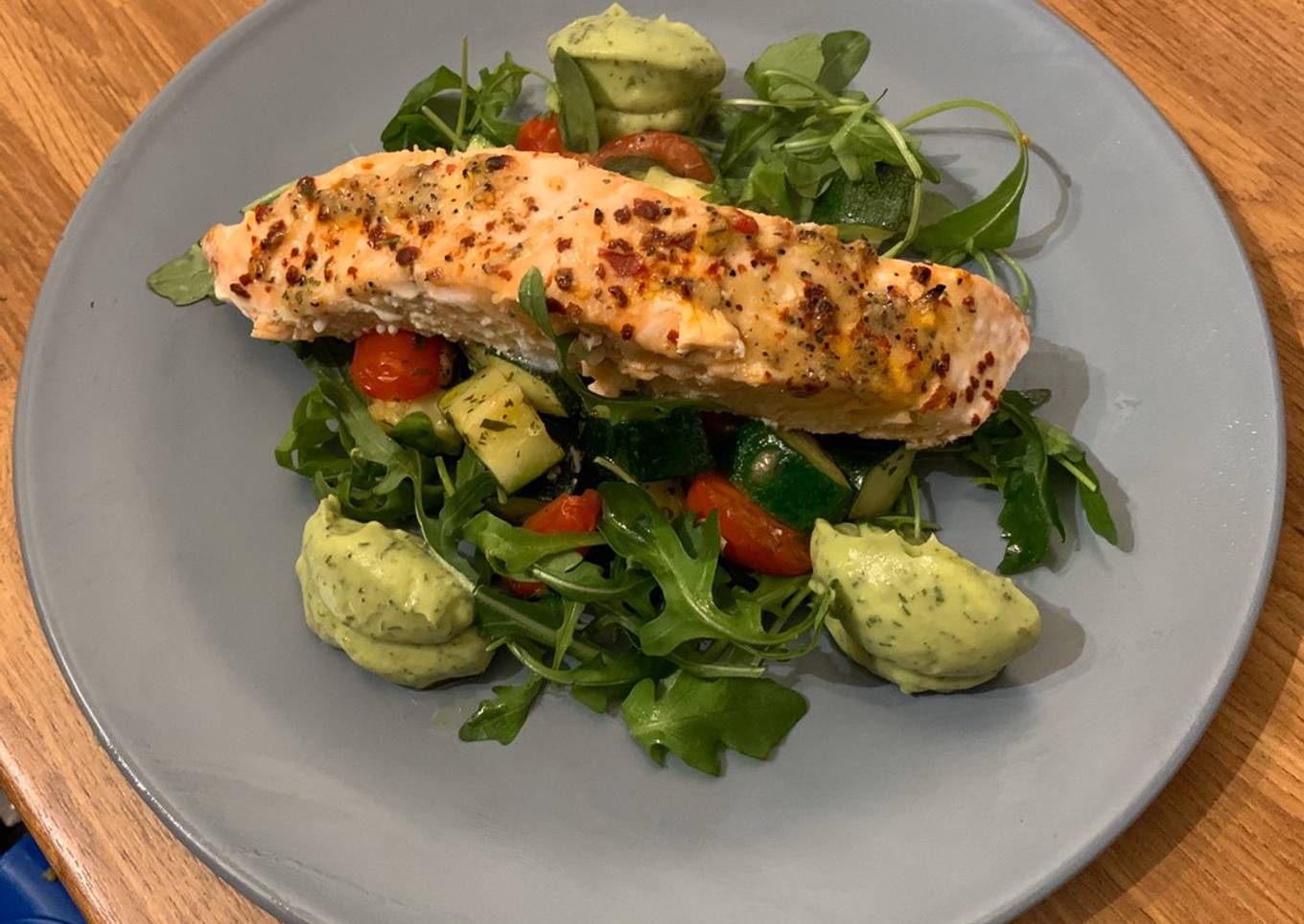 Roasted Salmon Courgette & Tomatoes Avocado & Dill purée Low Carb (Keto Friendly)