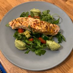 A picture of Roasted SalmonCourgette & TomatoesAvocado & Dill puréeLow Carb (Keto Friendly).