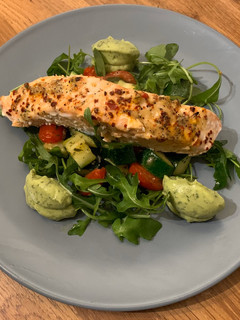 A picture of Roasted SalmonCourgette & TomatoesAvocado & Dill puréeLow Carb (Keto Friendly).