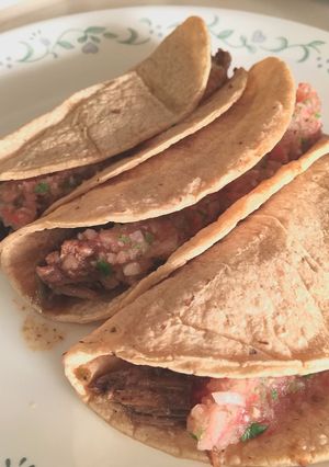 A picture of Barbacoa Tacos w/ Cilantro Lime Salsa.