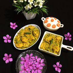 A picture of Jal Bhara Jhinge / Steamed Matar Dal Fritters in Ridge Gourd.
