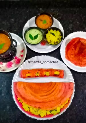 A picture of Beetroot Dosa Platter.
