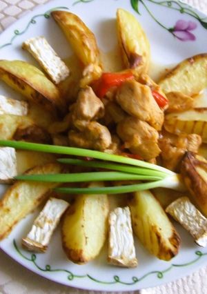 Csirkekockák paprikával, airfry burgonyával és zellerrel recept fotója
