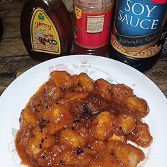 A picture of Chicken with honey garlic sauce.