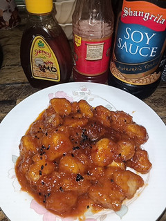 A picture of Chicken with honey garlic sauce.